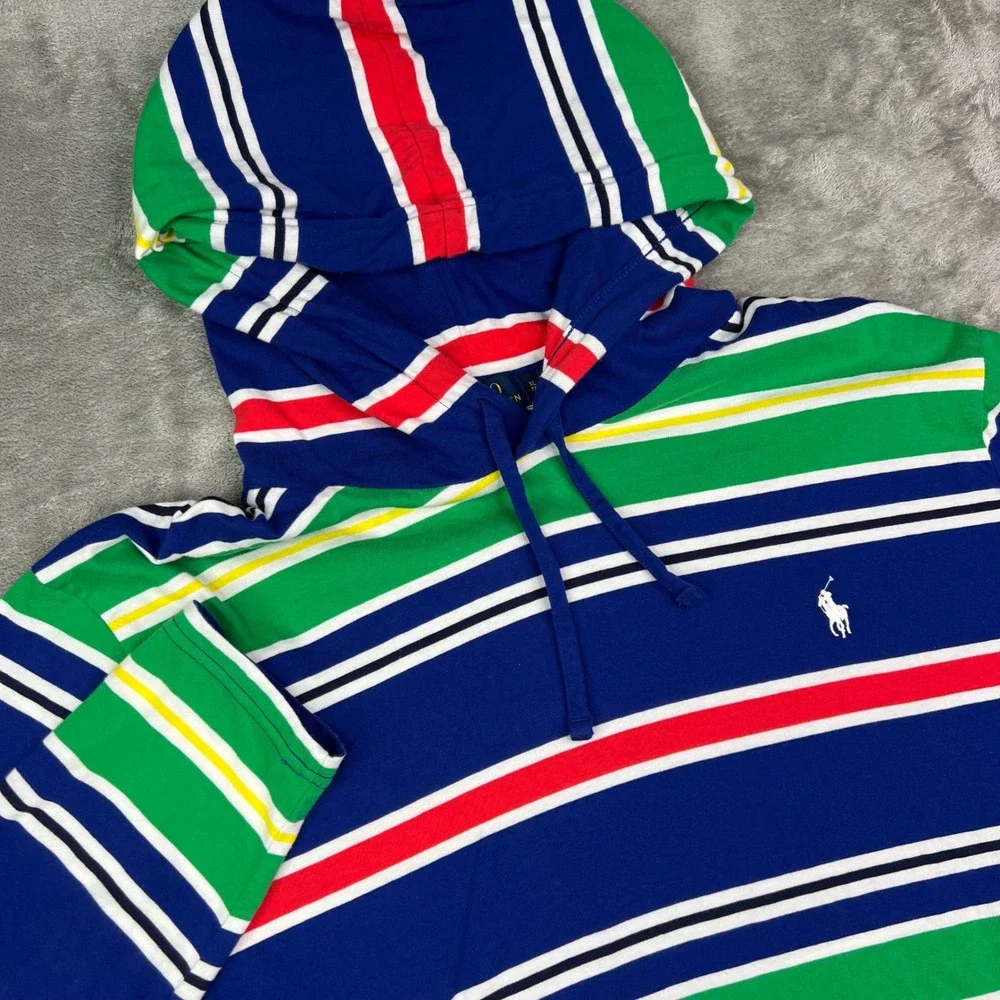 Polo Ralph Lauren Hooded T-Shirt Mens XL Blue Green Striped Long Sleeve Cotton